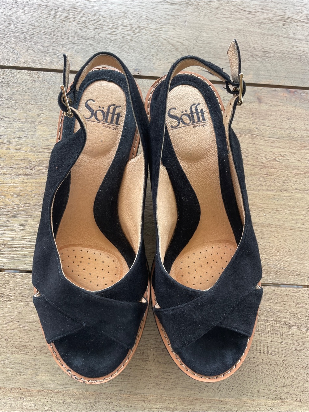 Sofft Black Suede Slingback Wedge Sandals